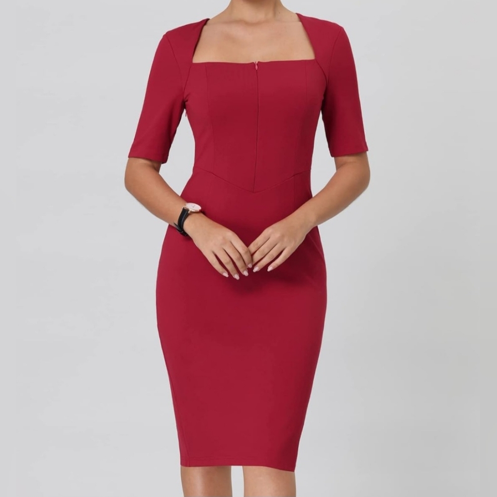 HOBEMTY Size X-Large Classic Red Squareneck Business Casual Bodycon Dress NWT